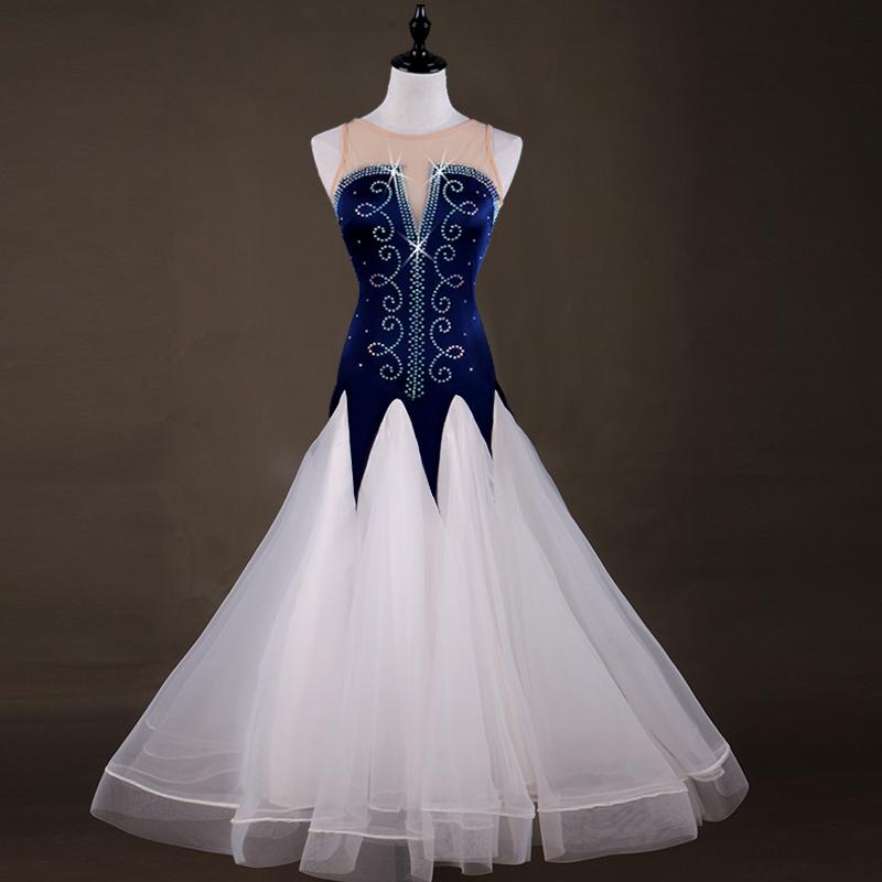 

Stage Wear Shiny Diamond Dark Blue&White Ballroom Dance Dress Women Professional Waltz Foxtrot Dresses Competition Dancing S-XXLStage, As picture