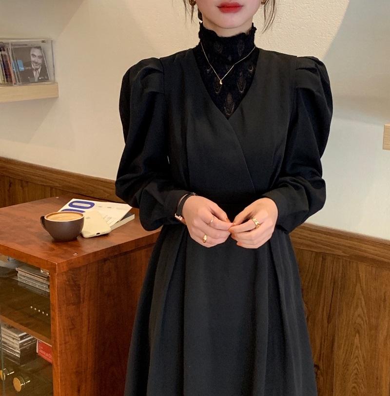 

Party Dresses Make French Lace Stitching Half High Collar Off Two Restoring Ancient Ways Design Of Tall Waist Hubble-bubble Sleeve Dress Spo, Black