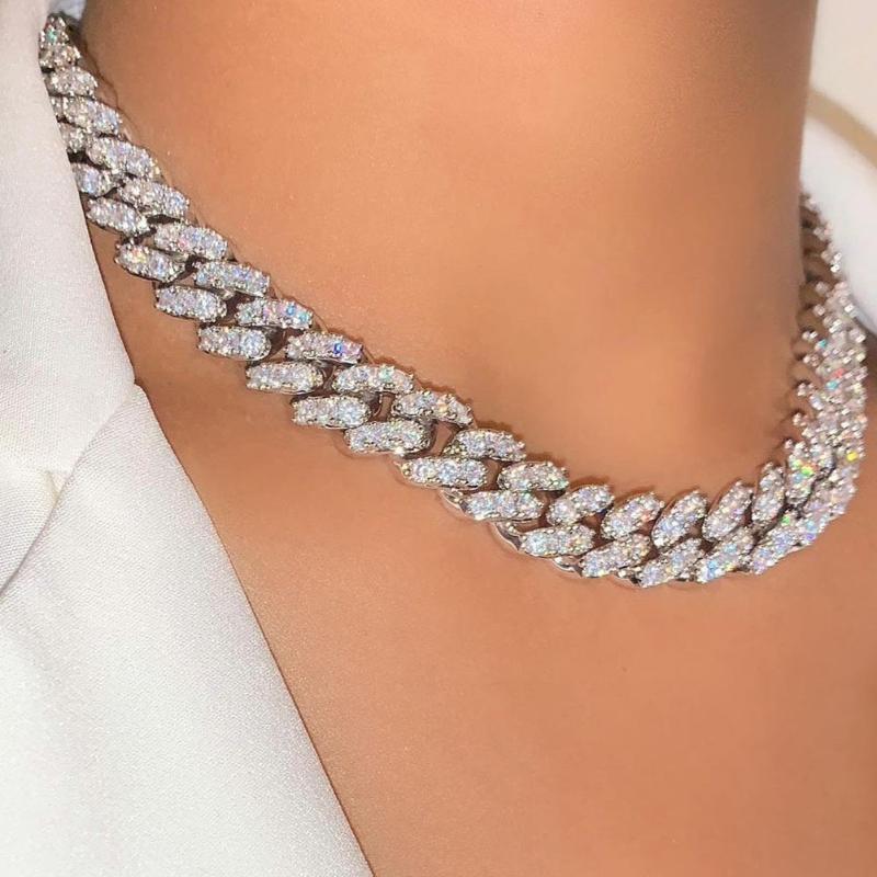 

Chains Punk Hip Hop 15MM Cuban Link Chain Necklaces For Women Men Iced Out Full Rhinestone Baguette Thick Miami Necklace JewelryChains