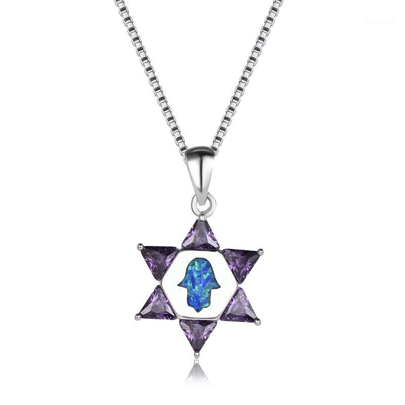 

Pendant Necklaces Wholesale White Blue Fire Opal Fatima Hand Women Jewelry