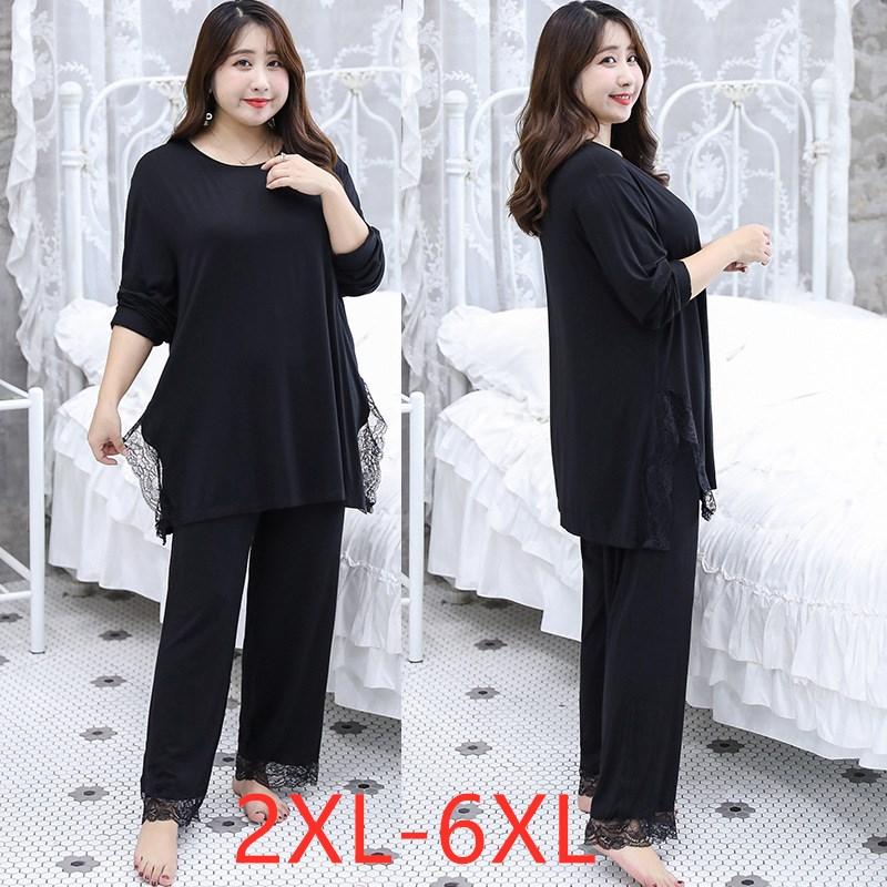

Women's Plus Size Tracksuits Autumn Winter Women Pajamas Sets Loose Long Sleeve Underwear Cotton Lace Black Home Wear Suits 3XL  5XL 6XLW