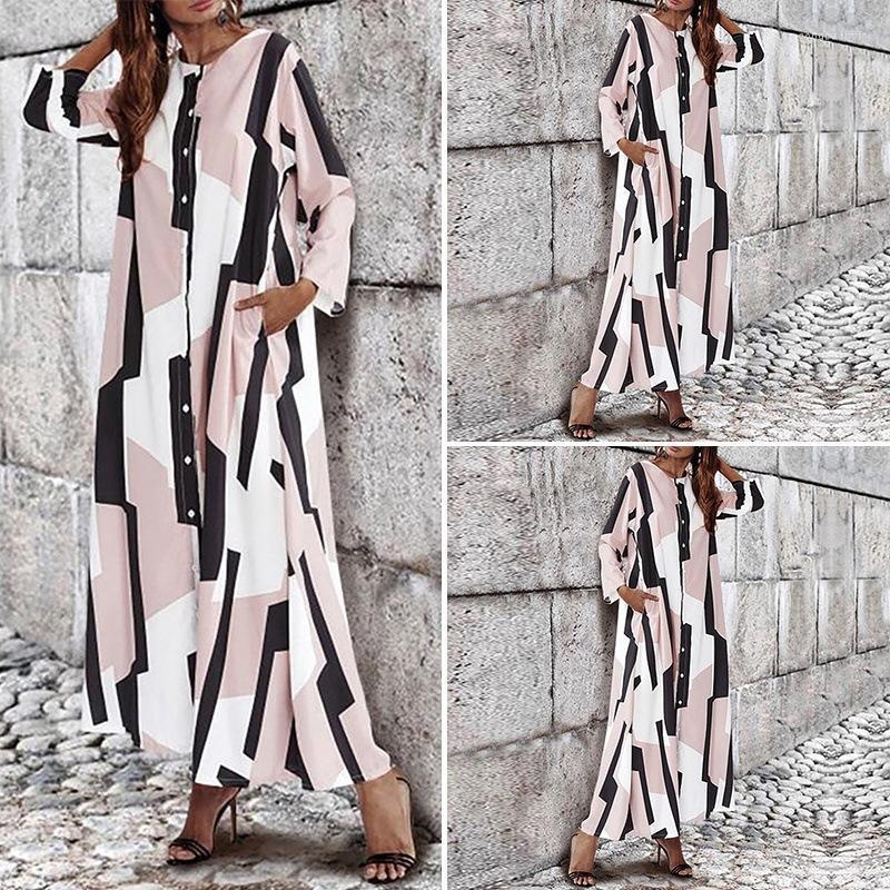 

Casual Dresses Loose Round Neck Printed Single Breasted Ankle-Length Dress For Women Party, As shown in figure
