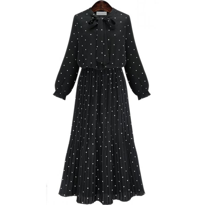 

Casual Dresses Spring Loose Chiffon Long Dress Point Vintage Long-Sleeve Pleated Women Bow Black Female YP0826Casual