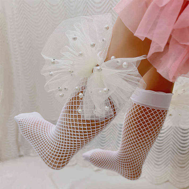 

Princess Toddler Infant Girls Knee High Socks Soft Fishnet Stockings Fancy Lace Big Floral Bow Mesh Spanish Style Kids L220716, Pink