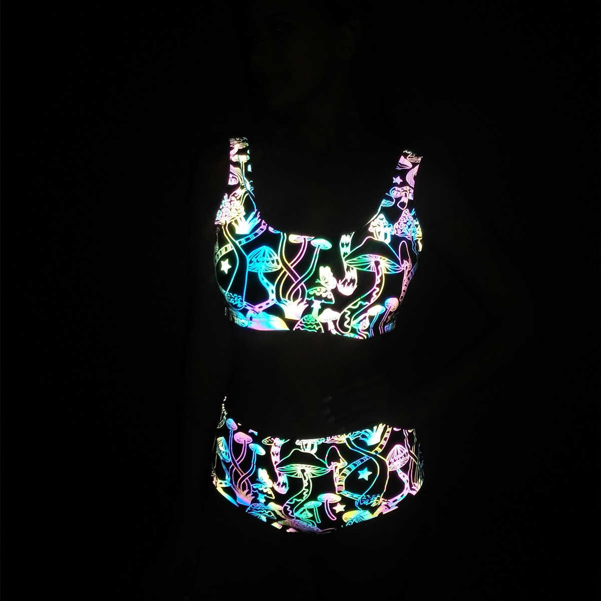 

Women Reflective Bikini Colorful Reflect Light Shorts Bra Sexy Night Club Pole Dance 2 Piece Set Techwear Clothing Beach Outfits