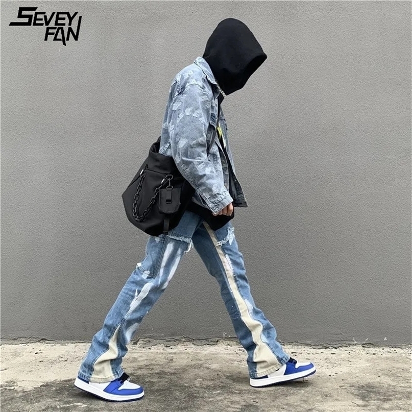 

Men Vintage Blue Flared Jeans Color Block Patchwork Hi Street Caro Jean Pants Hip Hop Streetwear Oversize Baggy Denim Trousers 220328