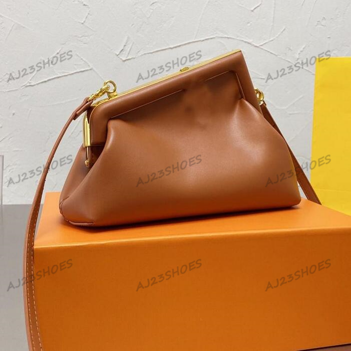 

First Clutch Bag Women Luxurys Designer Calfskin Brown Handbag Shoulder Bags Purse Crossbody Soft Caramel Colored Nappa Leather with Metal Macro Closure, 01