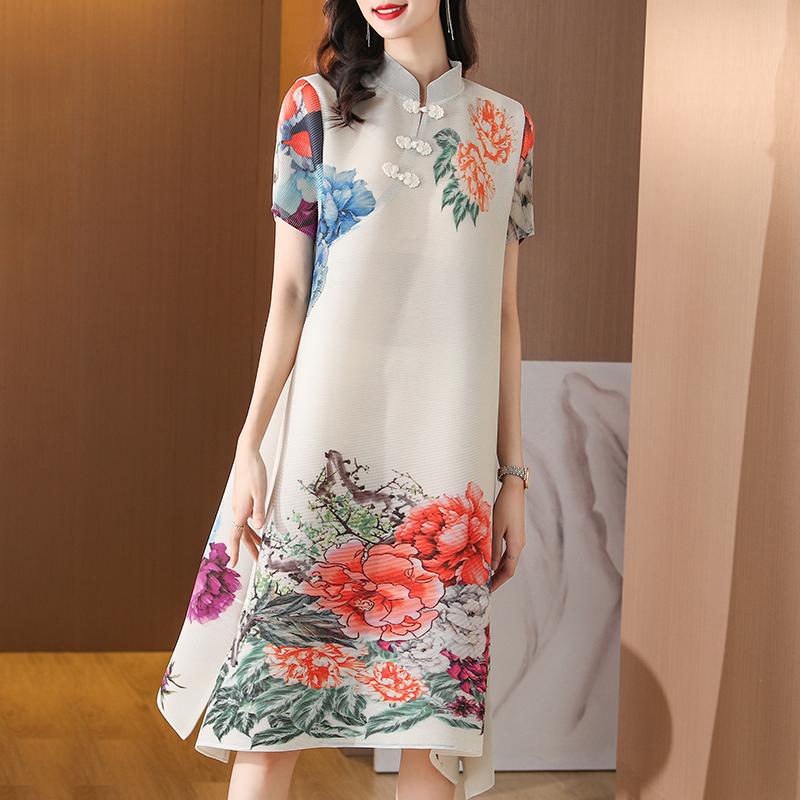 

Party Dresses Summer Women Miyak Pleated Dress Chinese Style Loose Elegant Vintage Floral Print Buckle Stand Collar Improved Cheongsam Ladie, Apricot