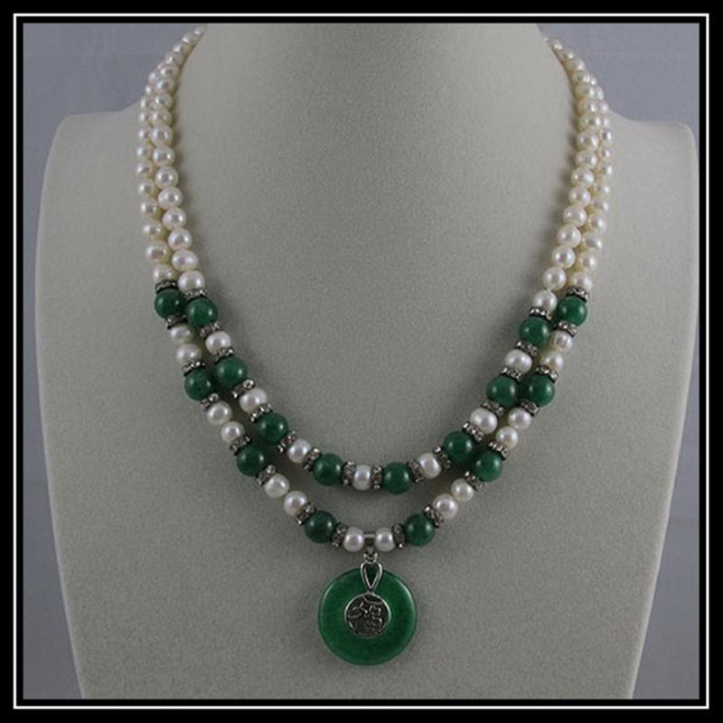 

Chains Hand Knotted Necklace Natural 6-7mm White Freshwater Pearl 2 Rows Choker 17-18inch And Green Jade PendantChains