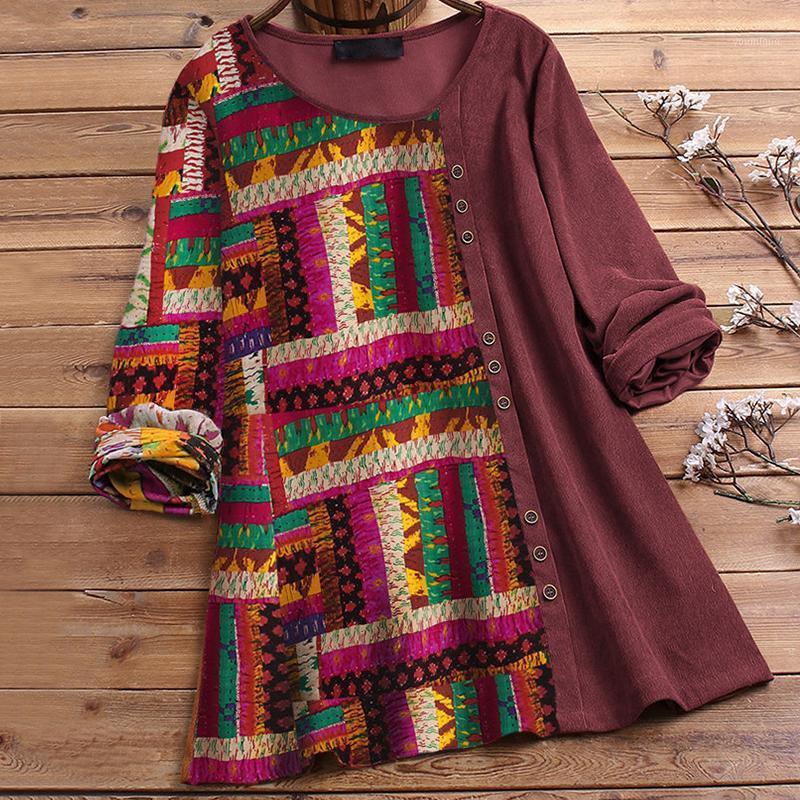 

Women's Blouses & Shirts Patchwork Blouse Women Vintage Cotton Linen Top Spring Floral Printed Tops Plus Size O Neck Long Sleeve Shirt Casua, Blue
