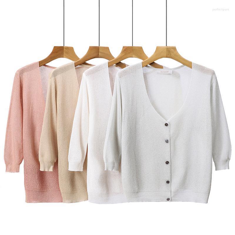 

Women's Knits & Tees 7 Candy Color Short Knitted Cardigans Women Summer Three Quarter Sleeve Basic Casual Cardigan Sweaters Female Knit Jump, Gray