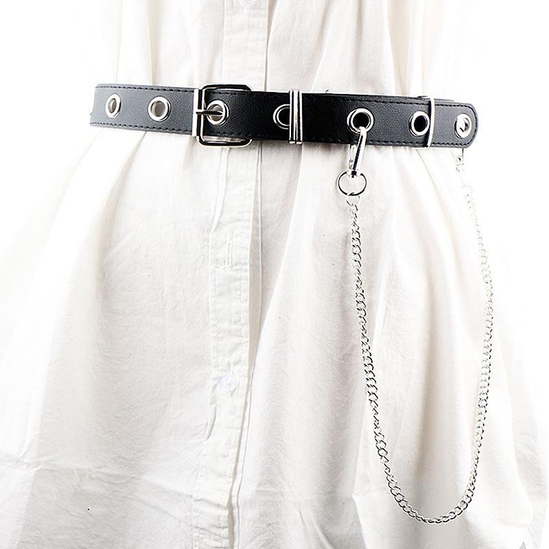 

Belts Fashion Gothic Faux Leather Belt Lady Silver Pin Metal Chain Ring Waist Strap Punk Dance Harajuku Women BeltBelts, Black