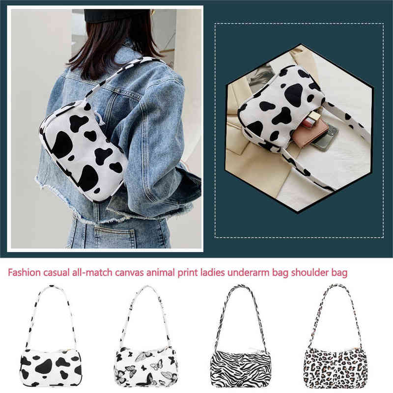 

Evening Bags Animal Pattern Print Canvas Shoulder Underarm Bag Vintage Ladies Small Purse Handbags Casual Allmatch Fashion Women Square 220630, Cow pattern