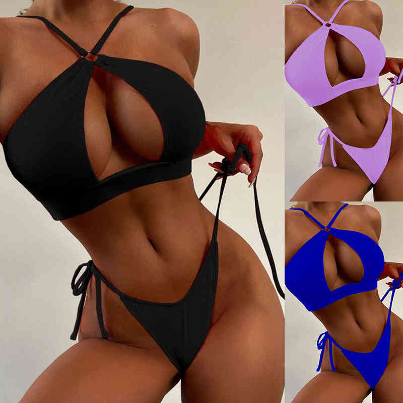 

new european and american sexy bikini laceup pushup split swimsuit womens, Black