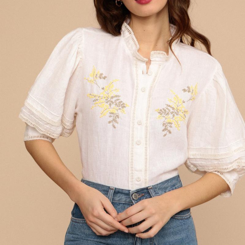 

Women' Blouses & Shirts Women Linen Floral Embroideried Blouse 2022 Ladies Puff Sleeve Lace Patchwork Hollow Out Single-Breated Shirt And T