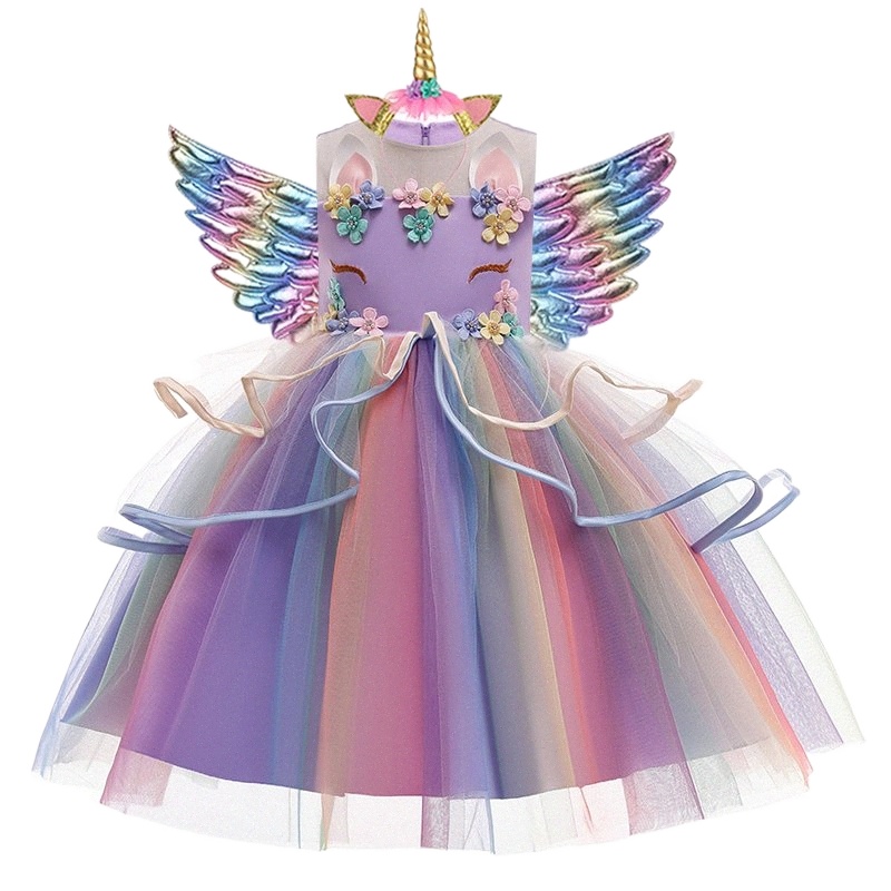 

baby Girls Unicorn Tutu Dress Pastel Rainbow Princess Girls Birthday Party Dresses Children Kids Halloween Perform Costume, As picture blue