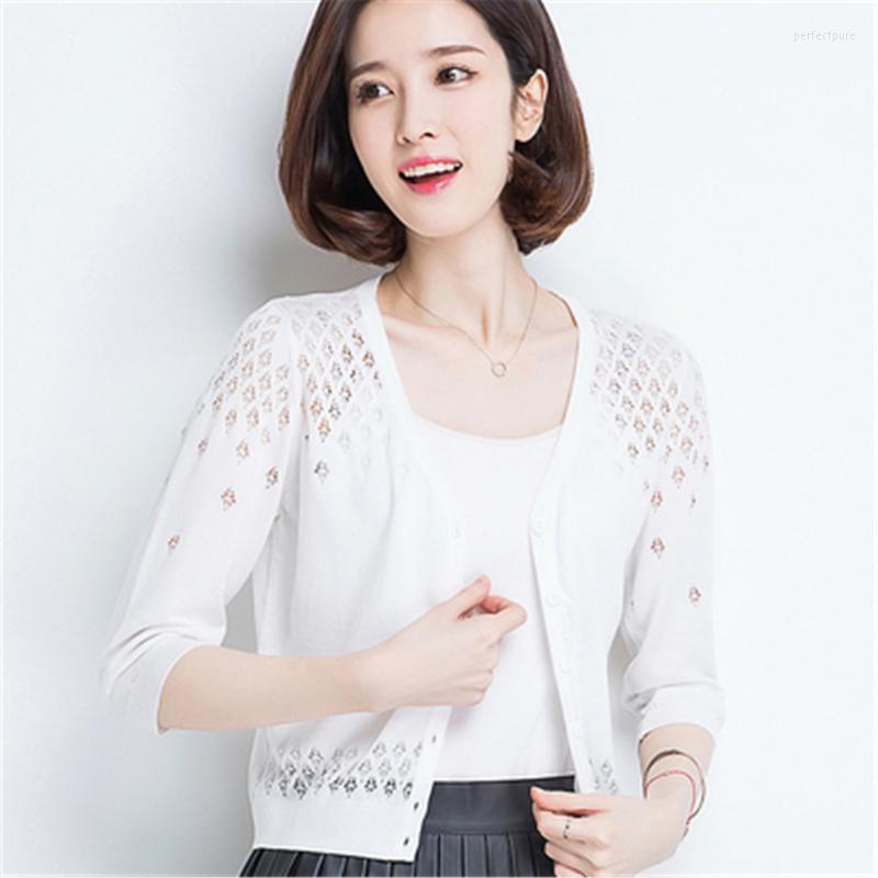 

Women' Knits & Tees 2022 Vintage Casual All-Match Sweaters ImitatioIce Silk Knitted Cardigan Short Coat Summer Thin 3/4 Sleeve Perf22, Green