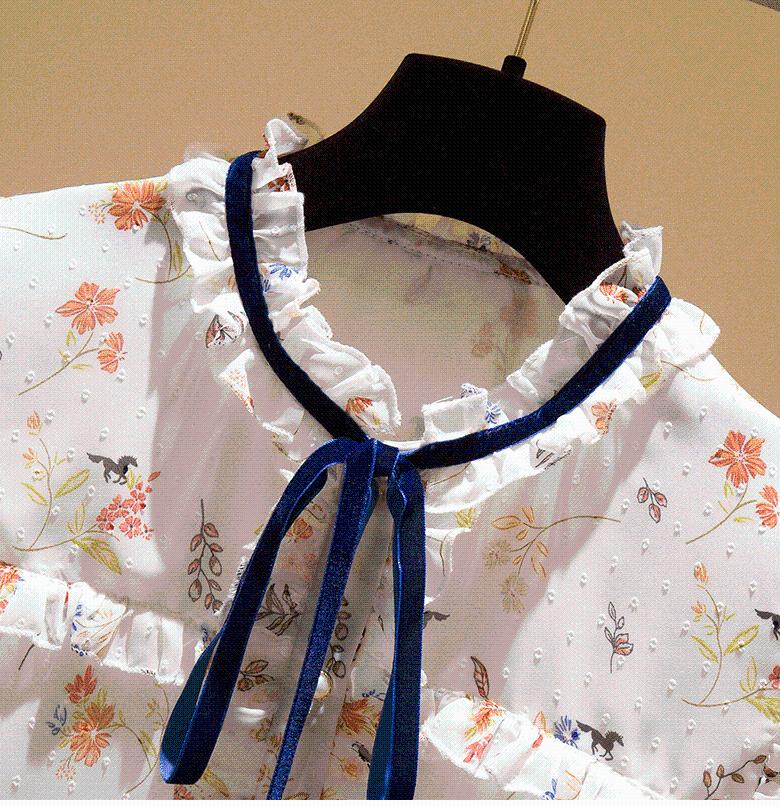 

Women' Blouses & Shirts Lace-up Stand Collar Chiffon Shirt Women' Girl Long Sleeve Floral Print Tops Blouse Lady All-Match BlusasWomen, Creamy-white