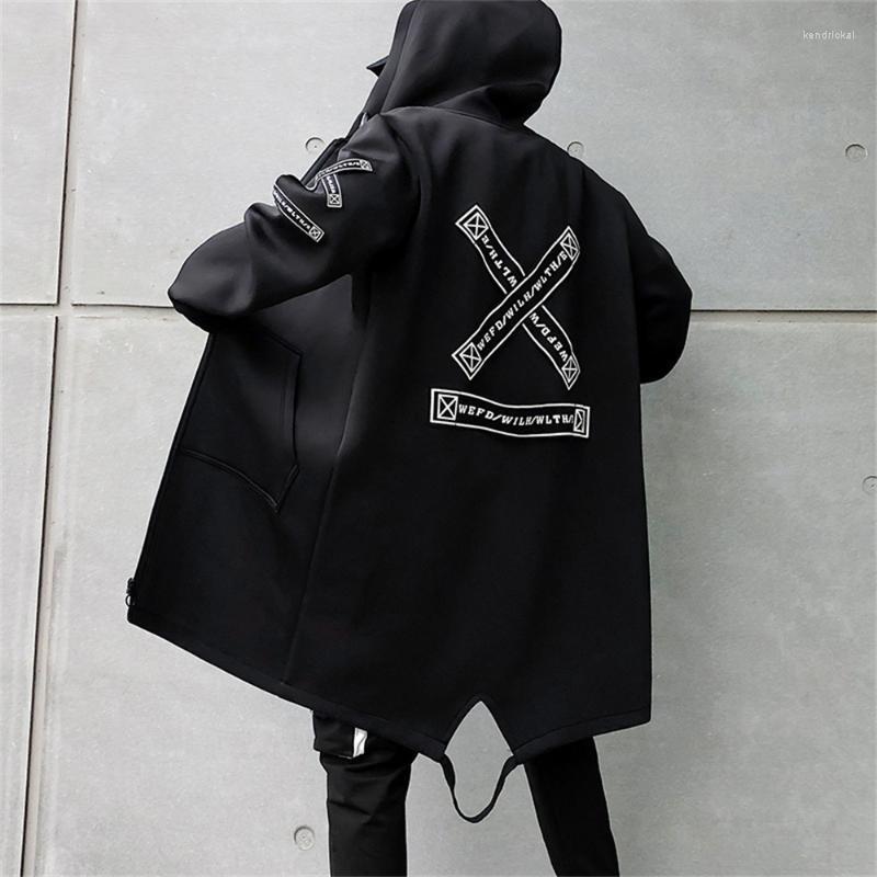 

Men's Trench Coats Spring Autumn Men Harajuku Hooded Jackets Print Windbreaker Ribbon Overcoat Male Casual Outwear Hip Hop Streetwear CoatsM, Black