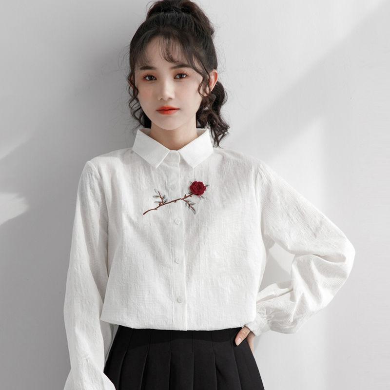 

Women's Blouses & Shirts Embroidered Rose White Shirt 2022 Spring Autumn Women Long Sleeves Student Preppy Style Female Basic ShirtWomen's
