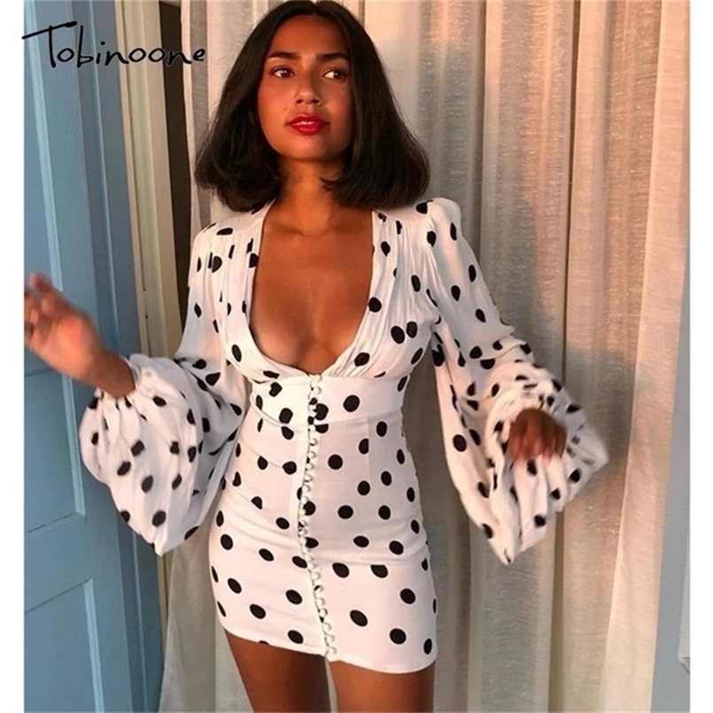 

Tobinoone Polka Dot Mini Dress Women V Neck Lantern Long Sleeve Autumn High Waist Buttons Down Party Vestido 220613, White