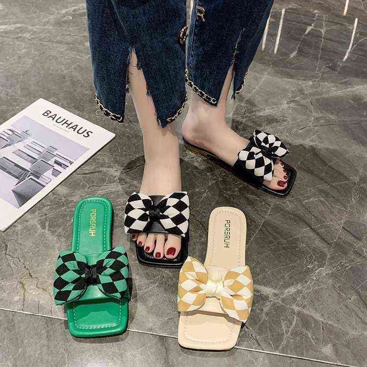 

2022 Summer Style Square Head Sandals Women's Korean Version Bow, Wearing Open Toe Beach Shoes and Flip Flops, Green
