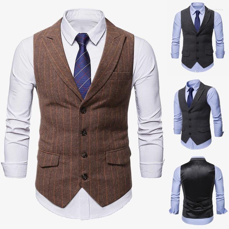 

Men's Vests Fashion Men Vest Casual Striped Gentleman Lapel Waistcoat Soft Wool Brown Jacket Tweed Business Tops Suit Kare22, Dy