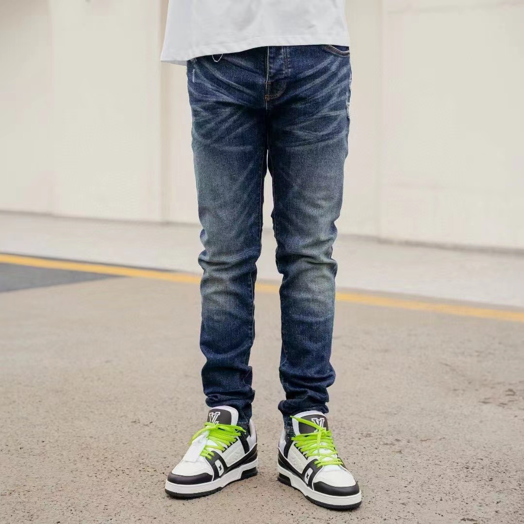 Mens jeans dark blue plain washed folds European and American fashion casual slim tight pants teenagers
