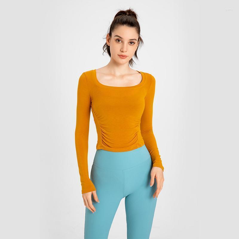 

Women' T-Shirt Solid Color Pleated Fitness Top Tees Sports Slim Long-Sleeved Square Collar Sexy Crop For WomenWomen, White