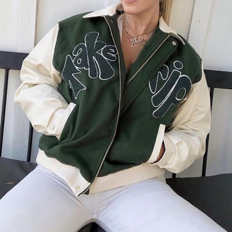 

Women' Jackets Autumn TAKE A TRIP Bomber Jacket Women Letter Applique Loose Baseball 2022 Grass Green Coat Outerwear Contrast SleeveWomen, High quality