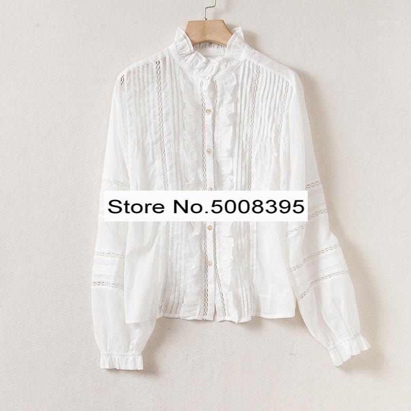 

[ElfStyle] - Woman Pink Black Valda Cotton Shirt Ruffled Neck Front Buttons Up With Ruffles Hollow Out Detail Blouse Top Women's Blouses & S