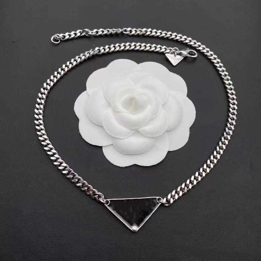 Luxury Designer Necklace Fashion Jewelry Women Chain Stainless Steel Silver Black White Pendants Triangle Charm Lovers High End Design-image-747634496