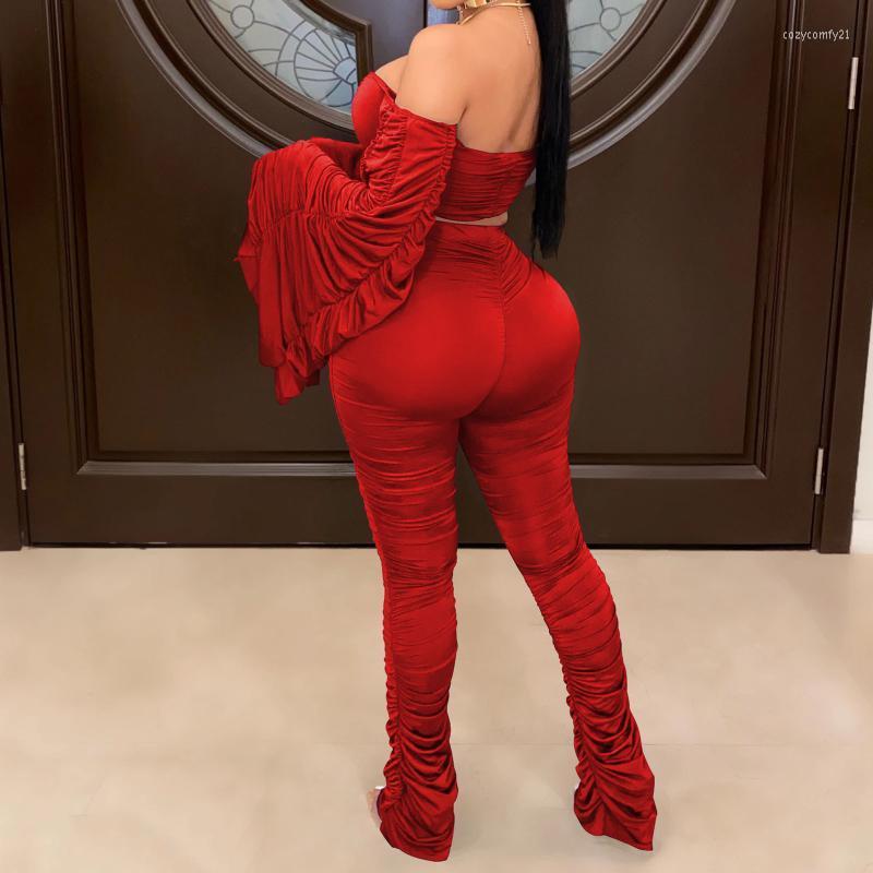 

Tracksuit Women Winter 2022 Two-Piece Solid Off Shoulder Fold Shirring Short Color Plus Size Women's Clothing Tracksuits, Or