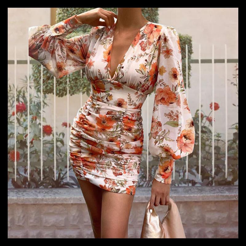 

Casual Dresses Autumn Floral Print Sexy V-neck Plus Size Long Sleeve Tight Womens Bodycon Dress Summer Party Club Wrap Buttocks Short Skirt, Orange