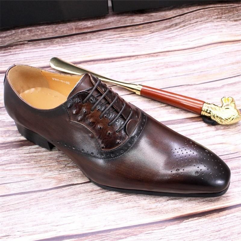 

Classic All-match Oxford Shoes Men Genuine Leather Solid Color Retro Pointed Toe Hollow Carved Gentleman Brown Lace Flat Casual KB276, Clear