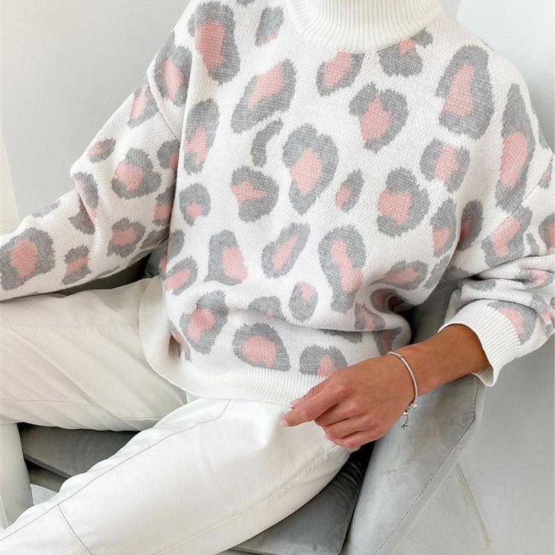 

Winter Women' Sweater Leopard Print Animal Basic White Turtleneck Oversize Jumper Vintage Warm Knitted Sweaters for Women L220815, Blue