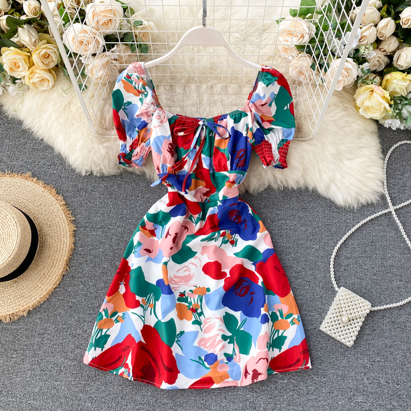 

Women Painting Print Dress 2022 Lady Fashion New Summer Square Neck Short Sleeve Sexy Clothes High Waist Vestidos, Same as picture