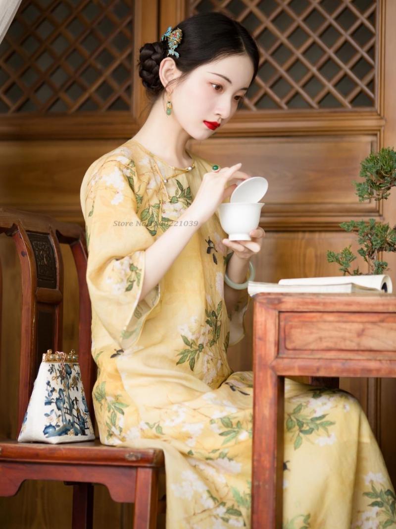 

Ethnic Clothing Oriental Floral Print Qipao Elegant Chinese Half Sleeve Dress Traditional Cheongsam Party QipaoEthnic