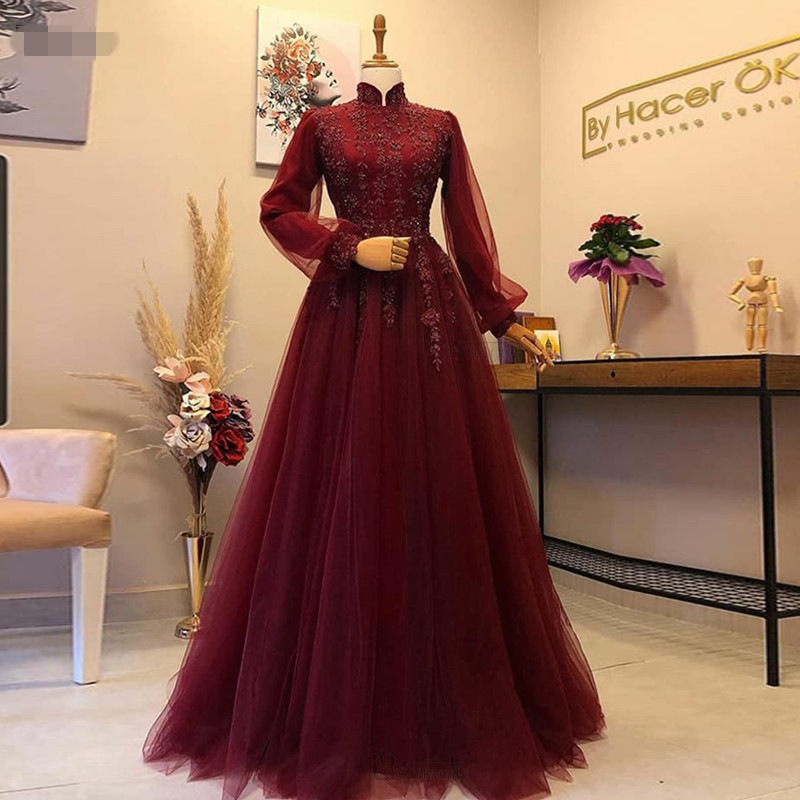 

Burgundy Long Sleeves Islamic Muslim Formal Dresses long sleeevs A-Line High Collar Beaded Lace Tulle Dubai Saudi Arabic Party Evening Gowns, Yellow