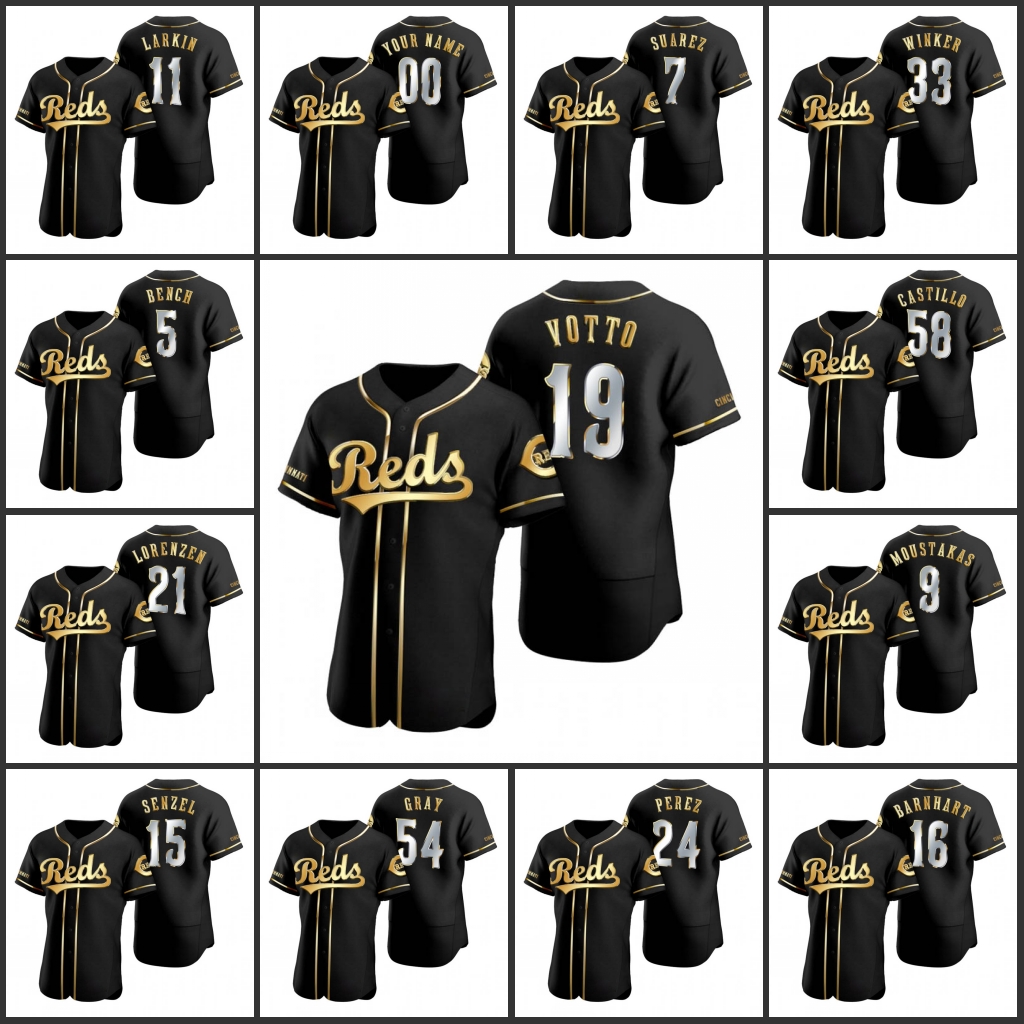 

Cincinnati''Reds''Men Women Youth Jesse Winker Barry Larkin Michael Lorenzen Eugenio Suarez Joey Votto Custom Black Golden Edition Authentic Jersey