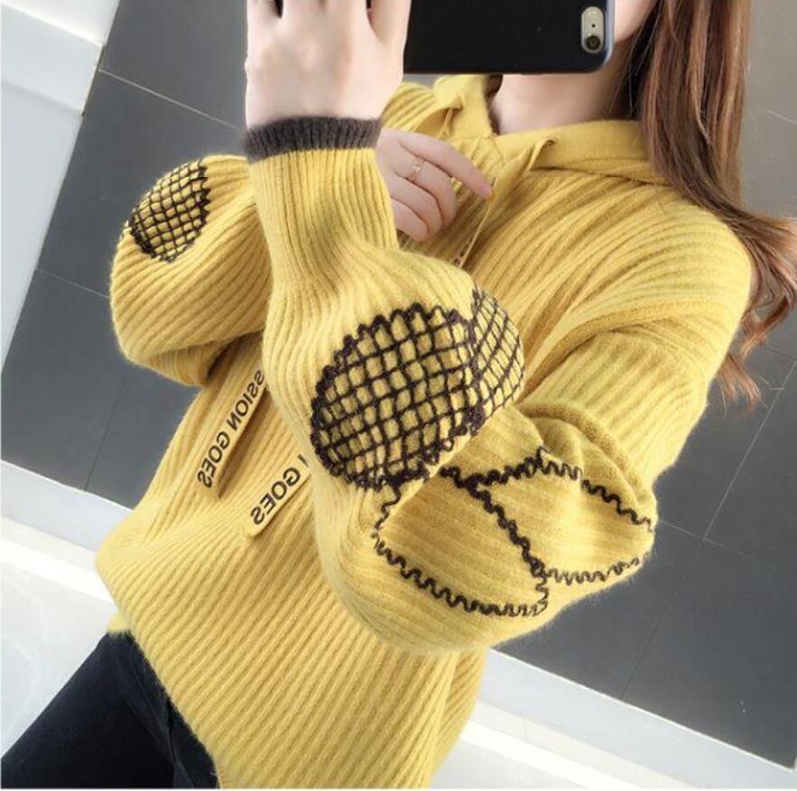 

Women's Hooded Sweater Pink Blue V-Neck Knitted Fall Clothes Solid Casual Single Breasted Vintage Top, Yellow