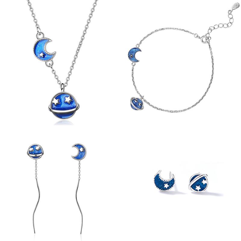 

Earrings & Necklace Silver Color Blue Originality Star Moon Asymmetry Jewelry Sets Exquisite Unique For Women Girl Gift NE BR EAEarrings, As pic