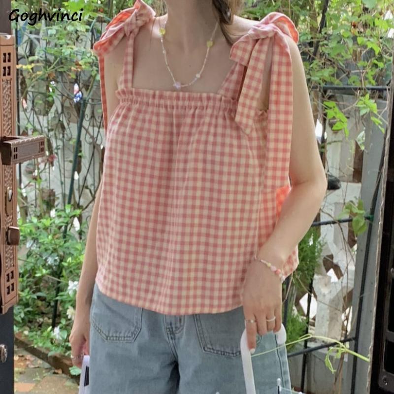 

Women' Tanks & Camis Camisole Women Plaid Sweet Chic Vacation Simple Tender Summer Students All-match Bow Korean Style Vintage Leisure Fit, Pink plaid