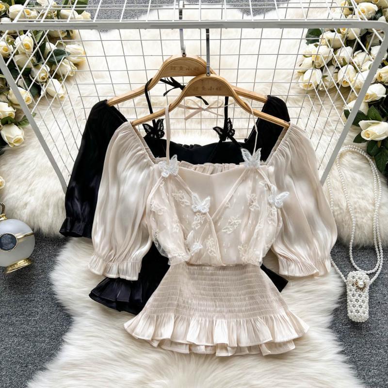 

Women's Blouses & Shirts Summer Women Embroidered Butterfly Bubble Short Sleeve Fashion Halter Neck Chiffon Shirt Tops 2022Women's Chee22, Black