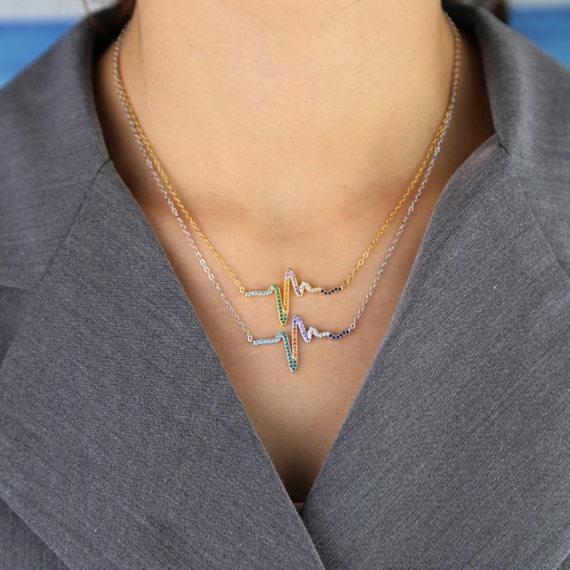 

Pendant Necklaces Gold Silver Color Colorful Cz Rainbow Fun ECG Charm Heartbeat For Women Girl Fashion Jewelry Party GiftsPendant