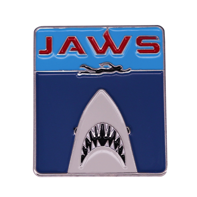 

Jaws Movie Poster Enamel Pin Swimming Over Shark Mouth Brooch Steven Spielberg Fans Perfect Collection, As picture
