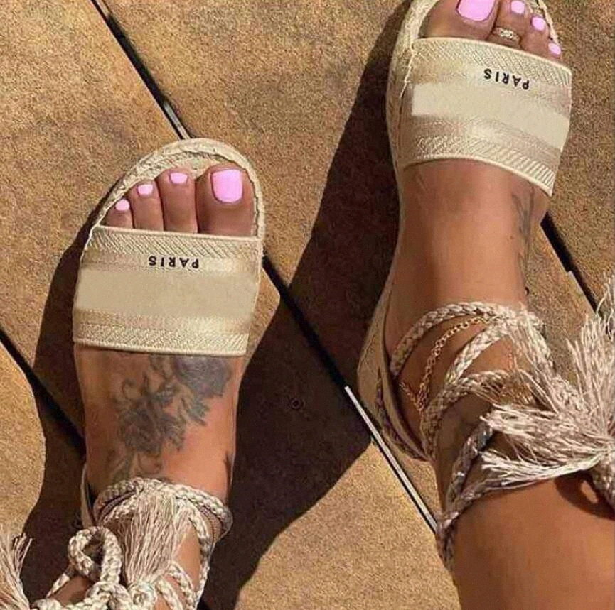 

Summer women's canvas shoes luxury woman low-heeled casual comfortable sandals designer ankle lace-up beach slippers female plus, Box