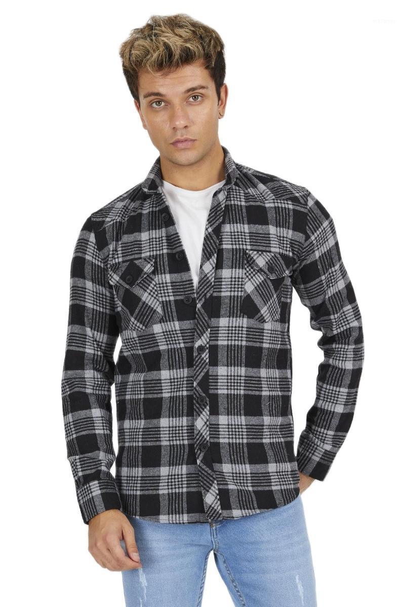 

Men' Casual Shirts Men Long Sleeve Button Down Plaid Shirt Slim Fit Muscle Anthracite Double Pocket Check Lumberjack, As pic