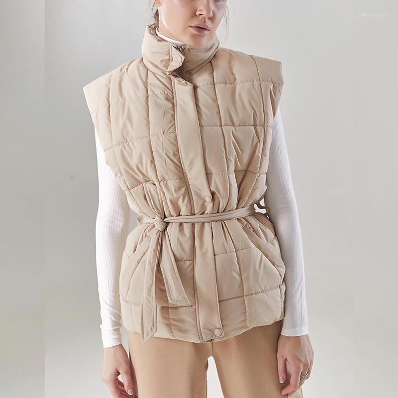 

Women's Vests YANA Fashion Solid Tie Belt Plaid Women Elegant Casual Stand Collar Coats Wide Shoulders Cotton Ladies Stra22, Beige