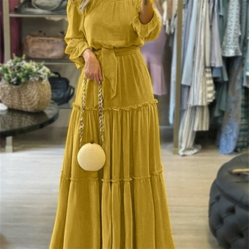 

ZANZEA Fashion Off Shoulder Vestidos Female Lace Up Belted Dresses Beach Holiday Ruffle Robe Womens Bohemian Long Maxi Dress 220614, C-black